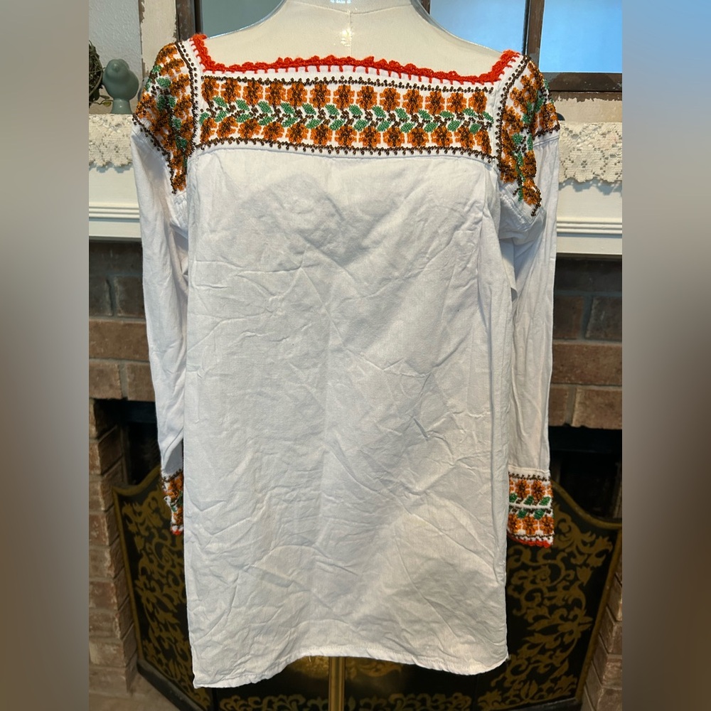 Handmade L XL Embroidered Beaded White Blouse Long Sleeve Cotton New Boho